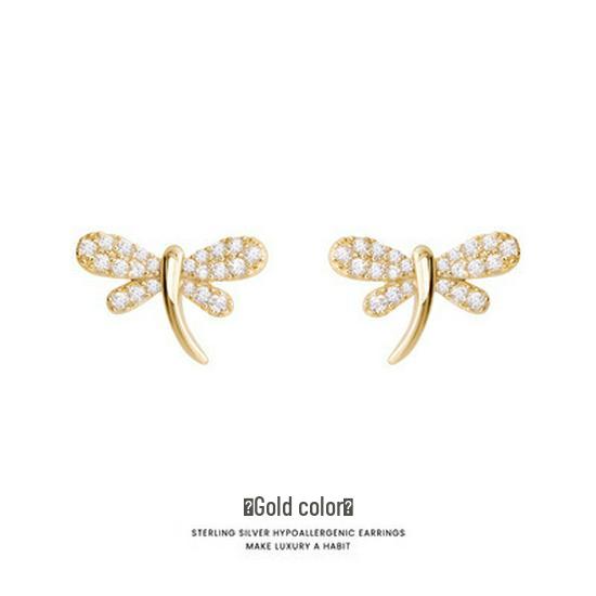 18K Gold-Plated Dragonfly Stud Earrings - Elegant S925 Sterling Silver Niche Design. 925 Silver