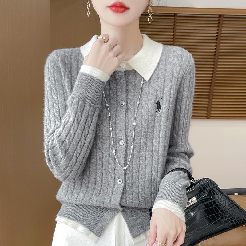 2025 Autumn/Winter Women's Pure Wool Embroidered Cable Knit Cardigan - Turn-Down Collar, Long Sleeve, Button-Up, Loose Fit Outerwear.