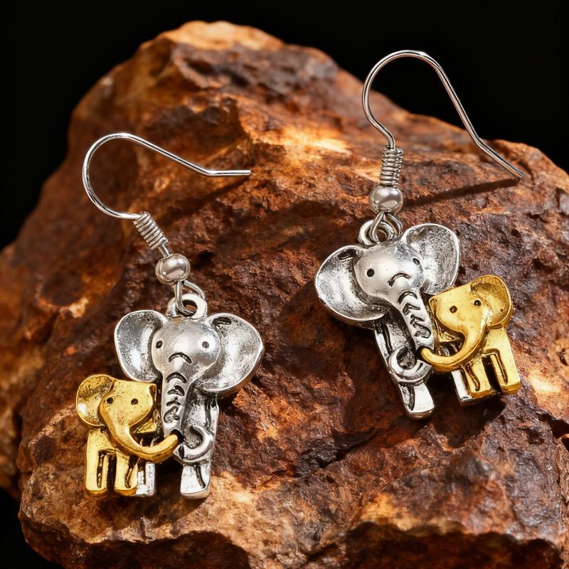 

Vintage Two Color Elephant Dangle Women S Earrings Metal Hand Carving Party Daily Wear 1Pair