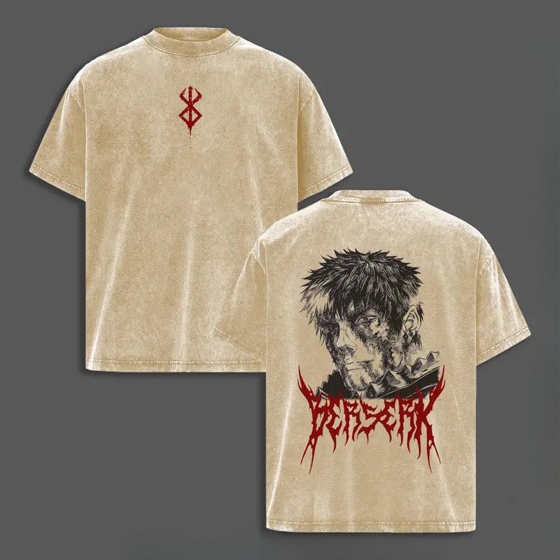 Guts Print T-shirt Anime berserk Clothing Men Women Short Sleeve Tshirts Retro Washed T Shirt Harajuku Male Casual Cotton Tops