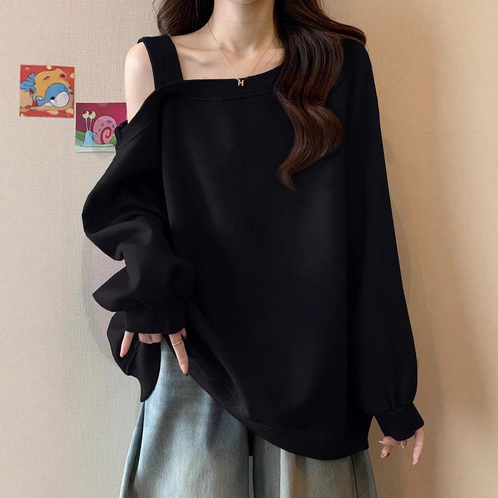 Hot Girl Style Off Shoulder Design Long Sleeve Hoodie Women Korean Top