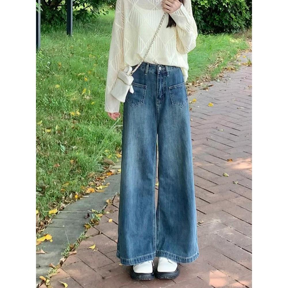 American Retro Plus Size Velvet Wide-Leg Jeans - Slimming, Stylish, Korean Trend L