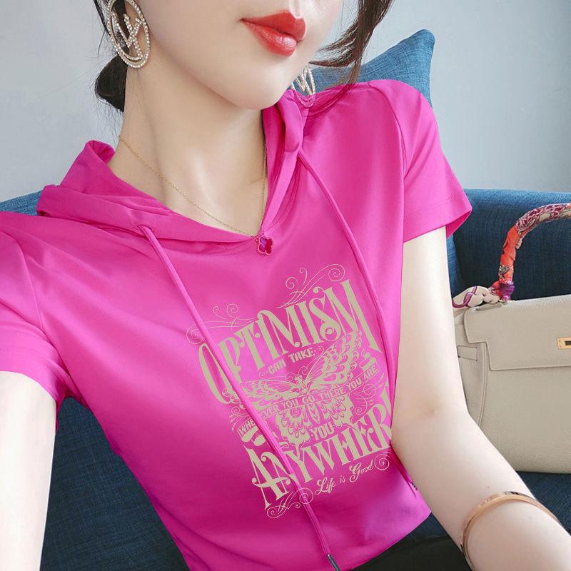 

100% Cotton Ethnic-Style Women s Hooded Short Sleeve Sweatshirt - Loose, Casual, Versatile Top. L (100-110 kg)