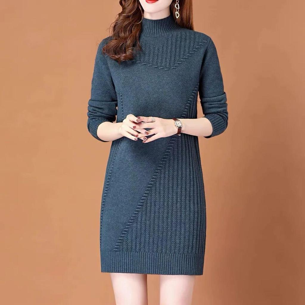 Herfst-Winter Slim-Fit Middellange Gebreide Jurk met Halve Hoge Kraag - Veelzijdig en Flatteus voor Vrouwen