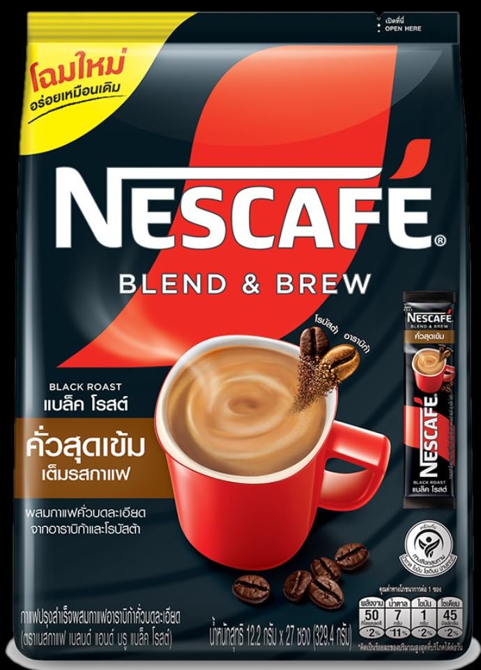 NESCAFÉ Blend & Brew Black Roast Instant Coffee, Intense, Dark, Aromatic Deep Mellow Taste and Strong Aroma 12.9g X 27 Count From Vietnam) With 5 U