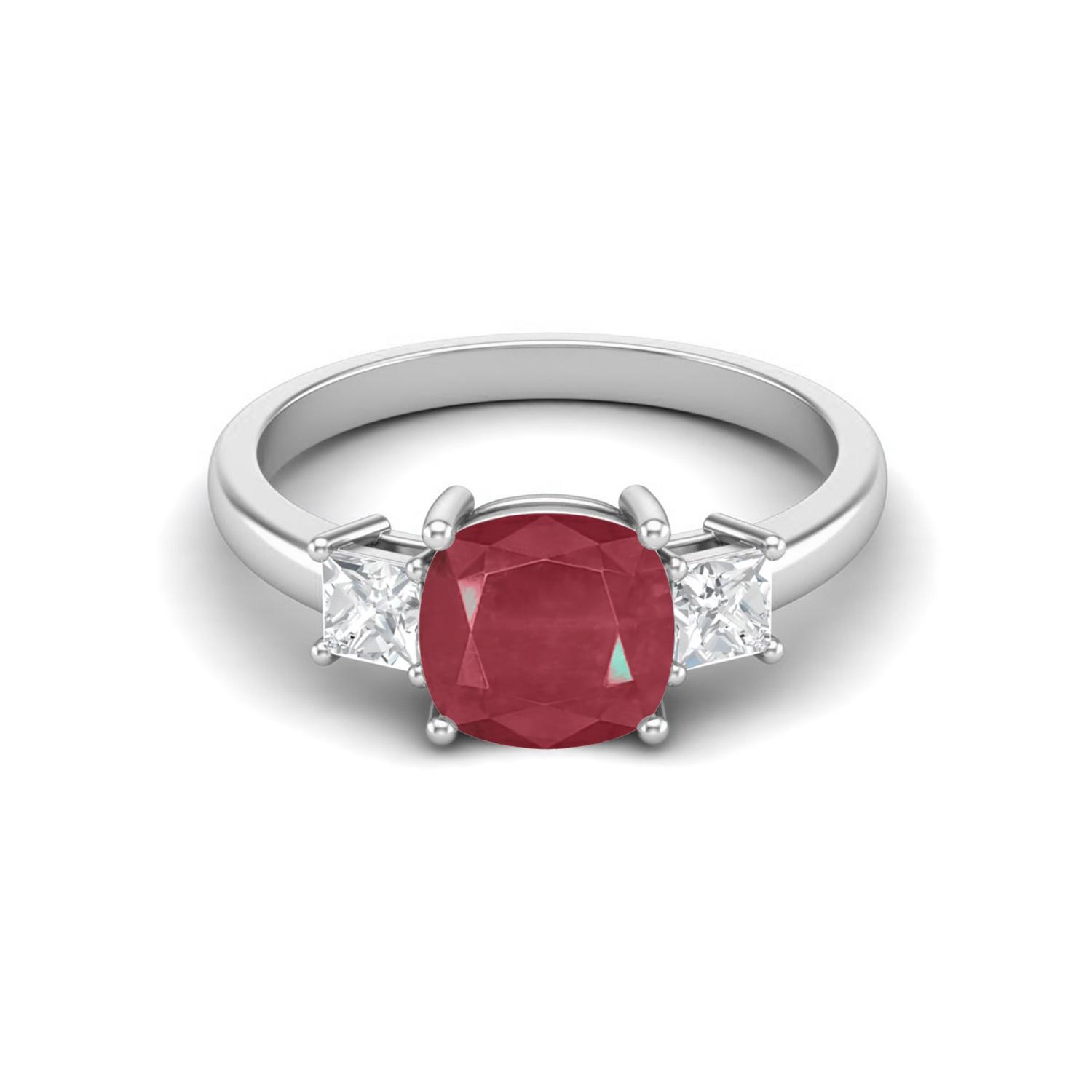 7MM Cushion Shape Ruby 925 Sterling Silver Three Stone Women Engagement Ring 7