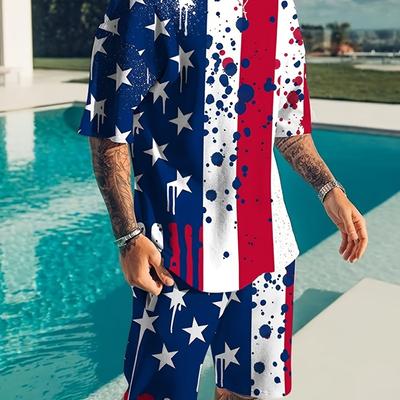 Conjunto de Camiseta con Estampado Gráfico de Bandera de EE. UU. y Pantalones Cortos para Hombre Tallas Grandes Para Verano al Aire Libre/Deportes, Conjuntos de 2 Piezas