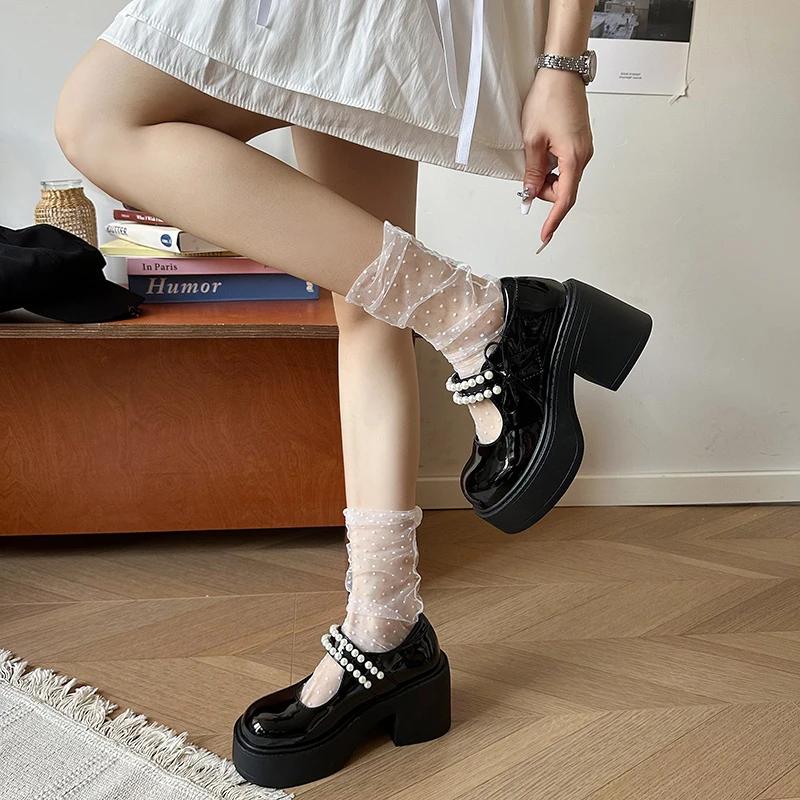 Women's Lolita Style Shoes 2025 French One Pearl Bow Round Toe Chunky Heel Mary Jane Shoes High-heeled Thick-soled Women Shoes