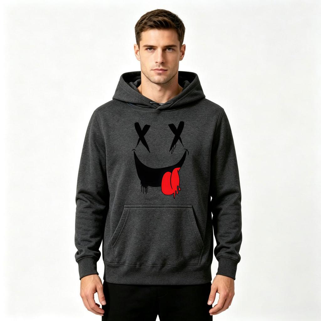 Men's Graphic Print Pullover Hoodie, Funny X Eyes Dripping Smile Pattern Casual Long Sleeve Sweatshirt