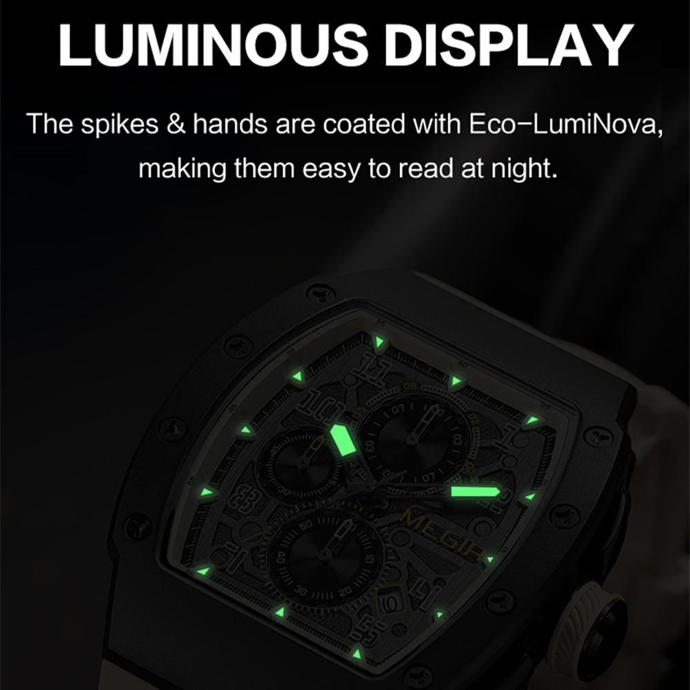 Megir Mode Sportuhren für Herren Edelstahlgehäuse Wasserdicht Leuchtend Militär Quarz Chronograph Automatisches Datum Reloj Hombre 8411