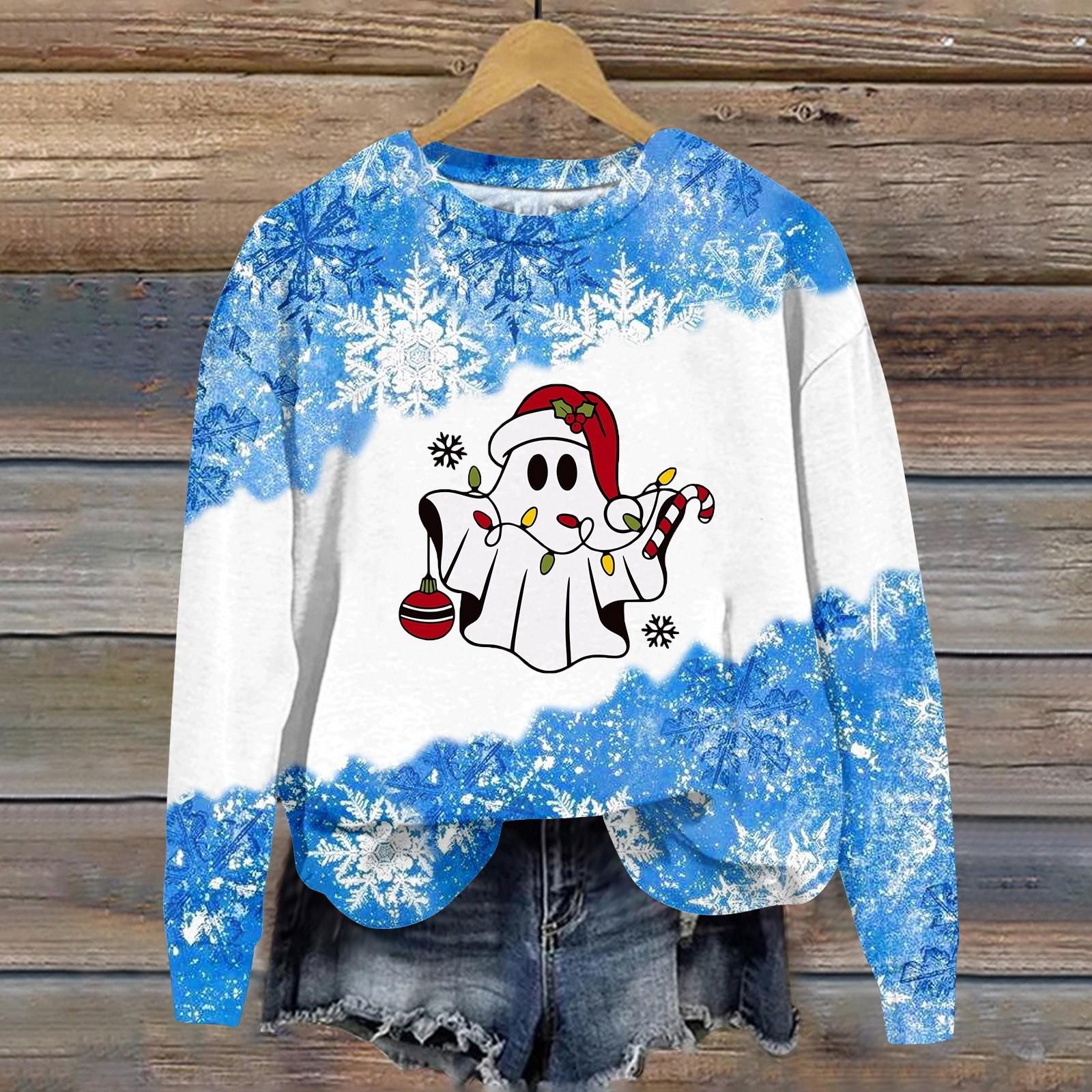 Женская мода рождественский принт длинный рукав свободный круглый вырез толстовка — фото 9