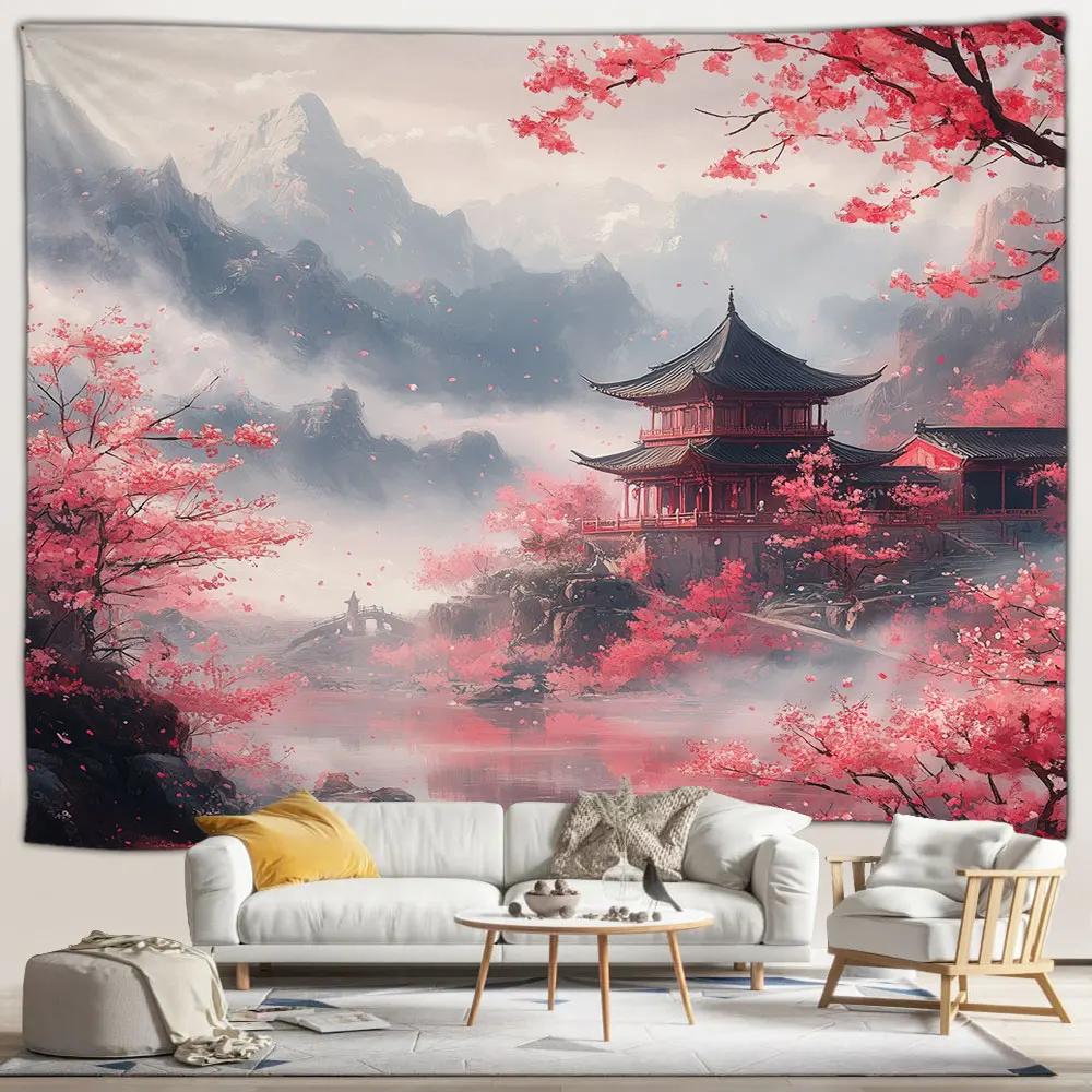 Japanese Scenery Tapestry Pink Cherry Blossom Flowers Misty Landscape Chinese Architecture Living Room Bedroom Decor Wall Hangin