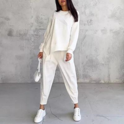 2 Pcs/Set Fall Spring Women Top Pants Set Long Sleeves O Neck Irregular T-shirt Elastic Waist Trousers with Side Pockets OL Comm