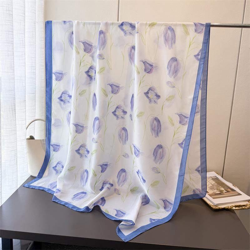 Fresh Flower Simulation Silk New Silk Satin Fashion Sunscreen Spring And Summer Style Silk Scarf Long Scarf Shawl Versatile Headscarf Scarf