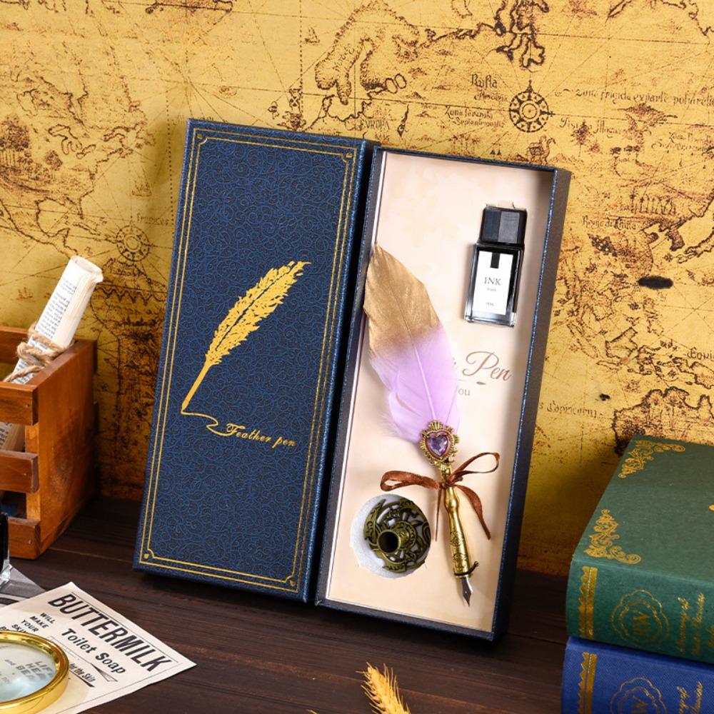 Blue Box Platinum Gemstone Feather Pen Set, Gift, Gift Box, Office Signature Writing, Retro European Style