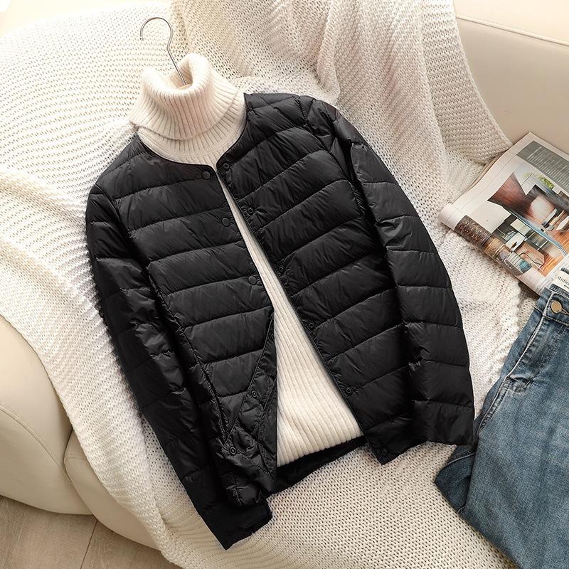 Light Down Jacket Women's Short, Autumn and Winter New Collar Round Neck Long Sleeve White Duck Down Lightweight Jacket