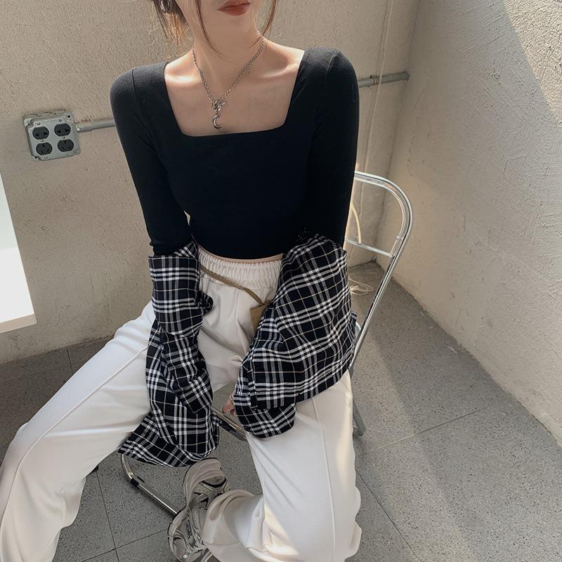 Square Collar Short Tops for Women New Korean Style Slim-fitting Bottoming Shirts Long-sleeved T-shirts Trendy