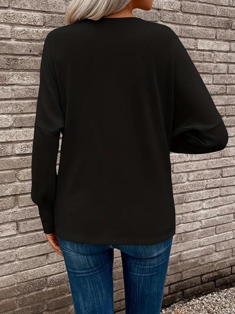 Women's Elegant V-neck Long-sleeve Solid Color T-shirt for Autumn/Winter