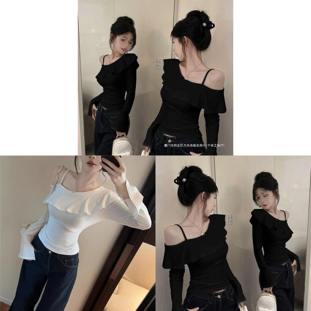 Ladies Off Shoulder T Shirt With Ruffle Hem And Asymmetric Design For Spring 2025