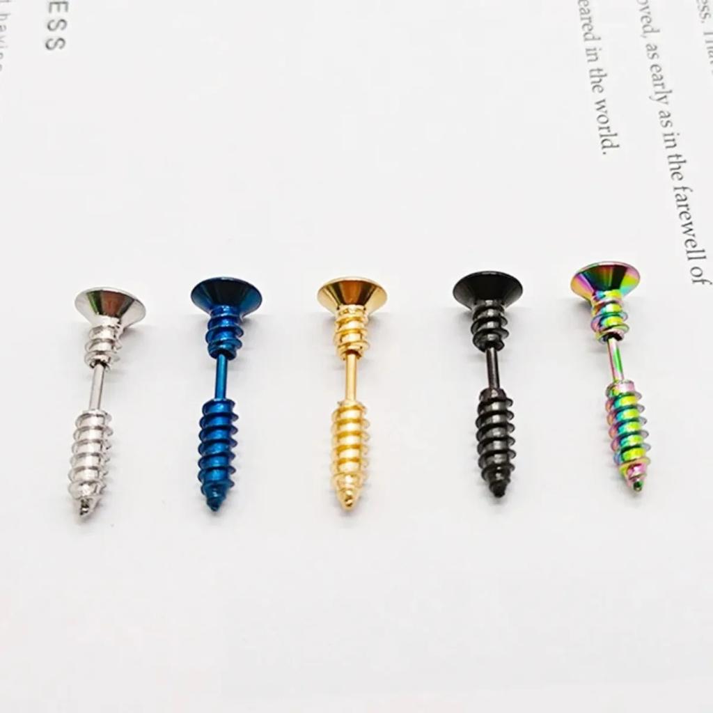 2Pcs Women Men Earrings Stainless Steel Piercing Nail Screw Stud Earrings Punk Rock Helix Ear Piercings Spiral Zircon