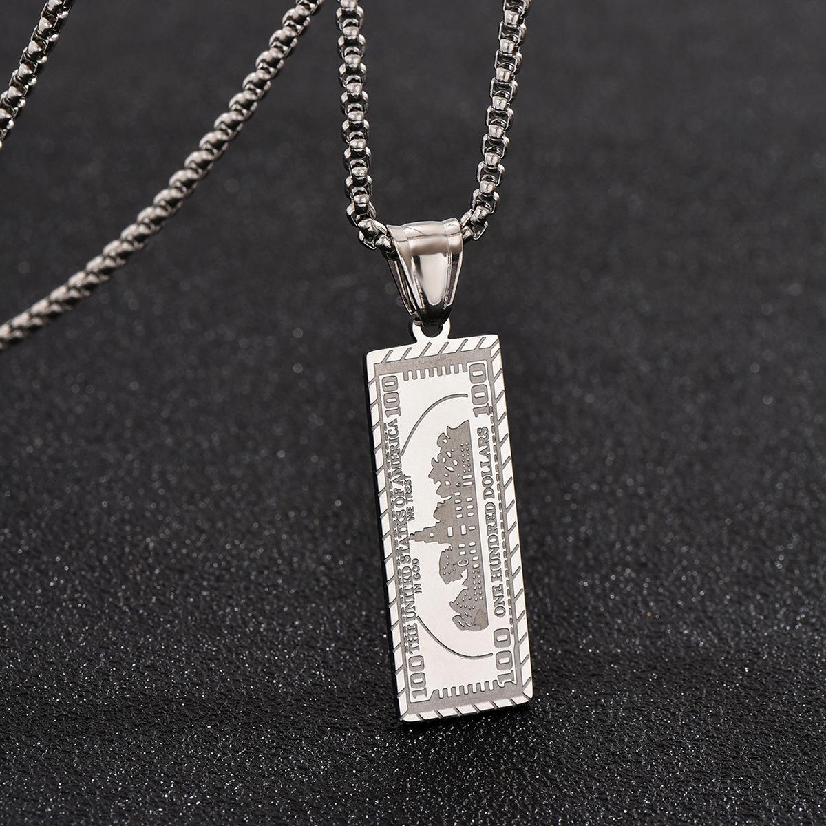 

Hip-Hop Style Titanium Steel Dollar Bill Pendant, Men S Necklace, Suitable For Everyday Wear And Parties. серебряный