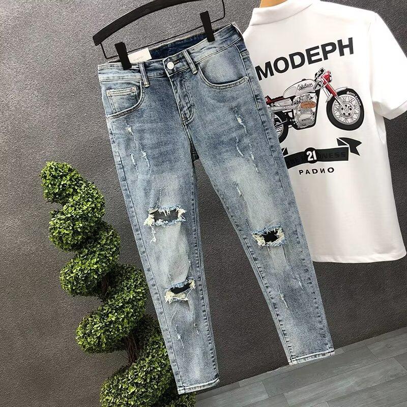 Summer new ripped jeans men's trendy brand thin fashion personalized scratched beggar pants slim pants