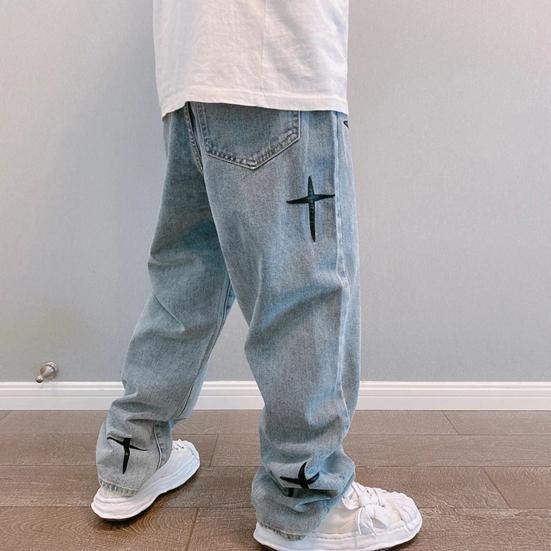 Spring Autumn Denim Pants Star Pattern Solid Color Zipper Fly Wide Leg Loose Jeans Streetwear