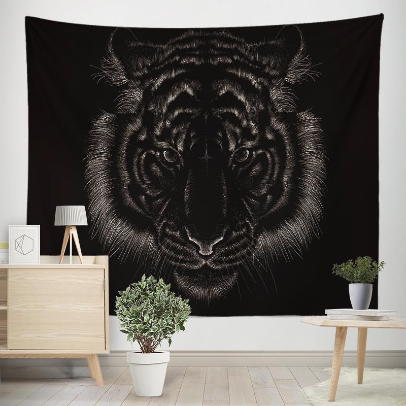 Black Creative Fierce Lion Tiger Wildlife Tapestry Polyester Wall Curtain Background Bedroom Dormitory Decoration Tapestry
