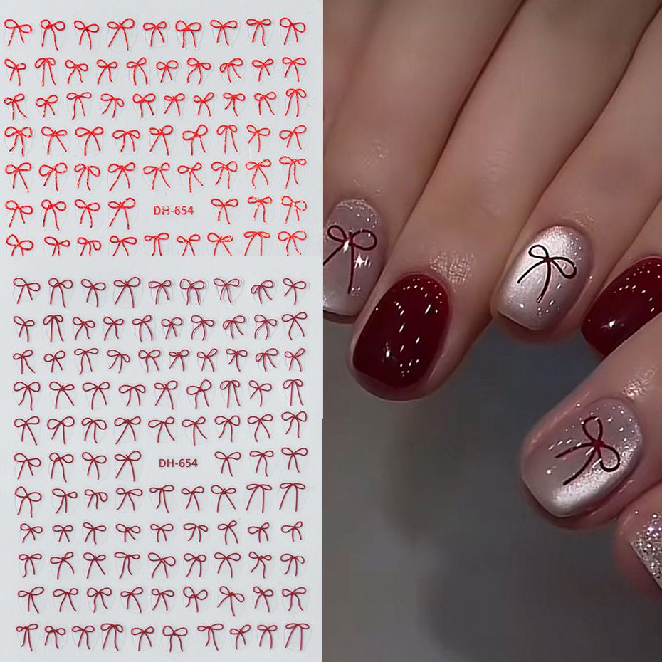 Valentine'S Day 3D Bow Nail Stickers French Minimalist Red Bowknot Designs Self-Adhesive Decals For Diy Nail Decor Itemations