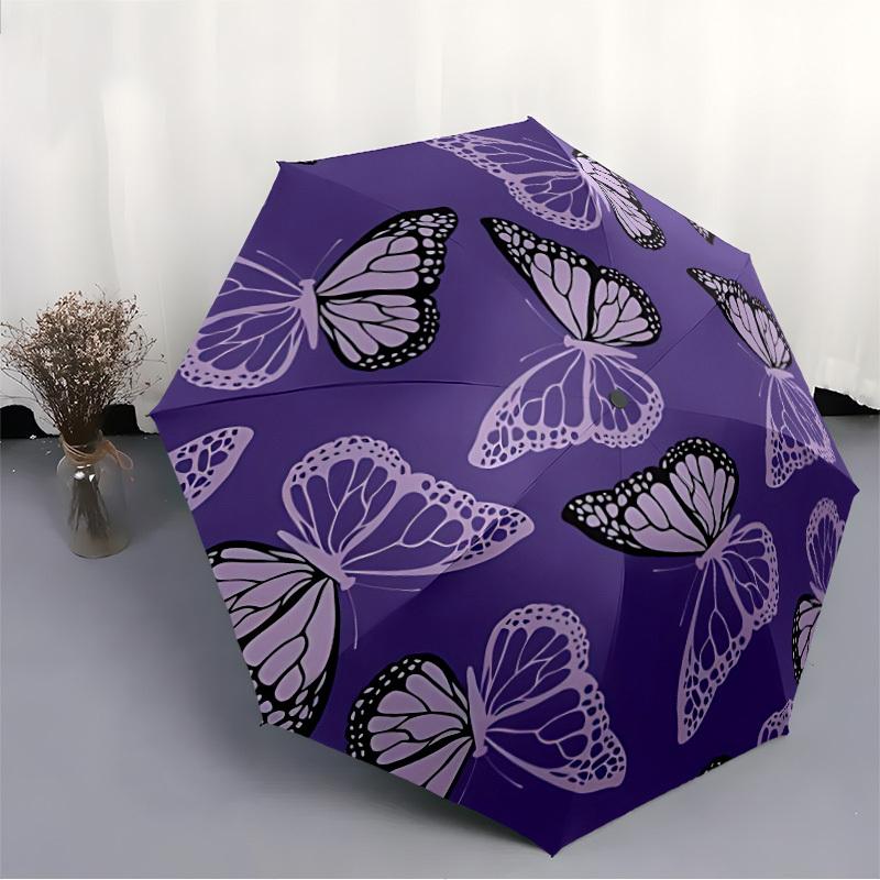 1pc Butterfly Purple Pattern Auto-Fold Umbrella with One-Touch Open/Close - 8 Reinforced Ribs for Windproof Stability,  Yy251118237