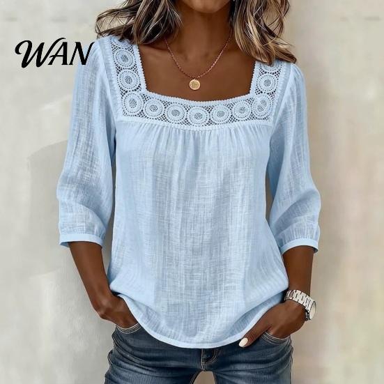 Skin-friendly Fabric Shirt Women Square Collar 3/4 Sleeve Pure Color Casual Loose Fit Tops Blouse Lace Splicing Summer Breathable