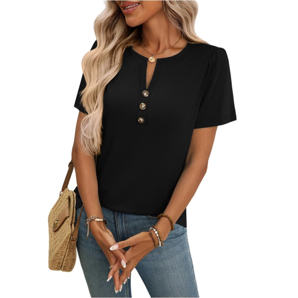 Women's Fashionable Casual Button-Up V-Neck Short-Sleeve T-Shirt