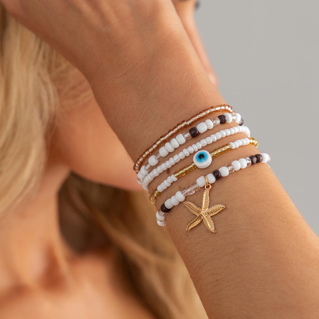 Bohemian Style Rice Bead Stacking Bracelet Beach Vacation Starfish Pendant Elastic Bracelet