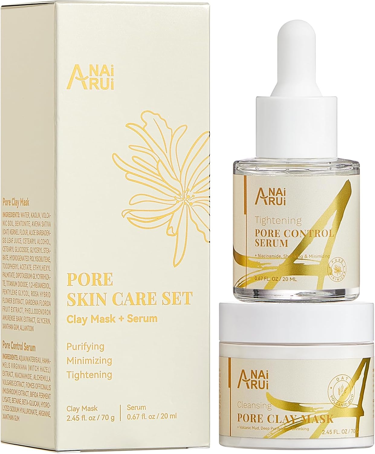 ANAiRUi Pore Care Set, Clay Mask & Pore Minimizer Serum 2-in-1 Kit, Oil Control Blackhead Removal Skin Purifying Gift Set