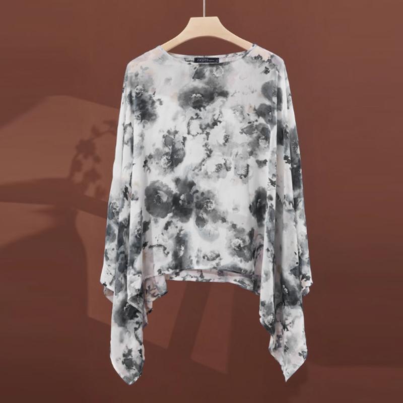 

ZANZEA Women Casual Round Neck Dolman Sleeve Loose Print Cover Up Blouse 4XL сірий колір