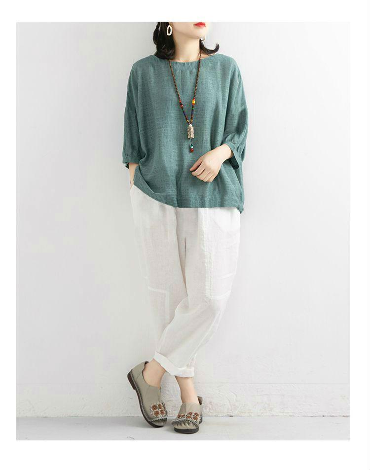 2024 Spring/Summer Women's Retro Literary Cotton Linen Batwing Sleeve T-Shirt