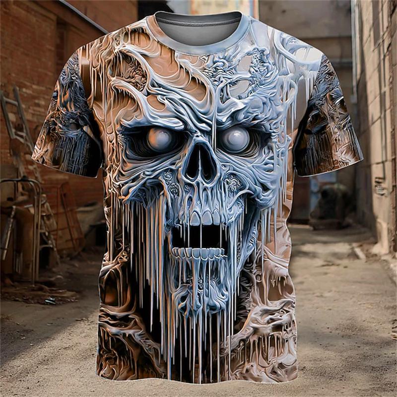 2025 Neues Herren Atmungsaktives Rundhals-T-Shirt mit Gruseligem Totenkopf-Print für Halloween Kurzarm Street Hip Hop Casual Outdoor Oberteil