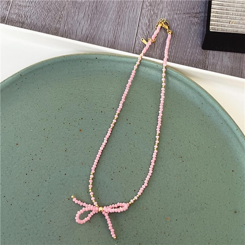 Delicate Beaded Choker Necklace with Bowknot Pendant Stylish Collar Necklaces Adjustable Chain  for Women and Girls