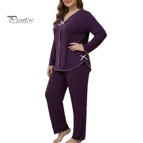 Breathable Sleepwear for Daily Use Women's Plus Size Pajama Set, Long Sleeve Top And Pants Cozy Loungewear Women with Bow, Ruffle 2 Piece Soft Pjs Set
