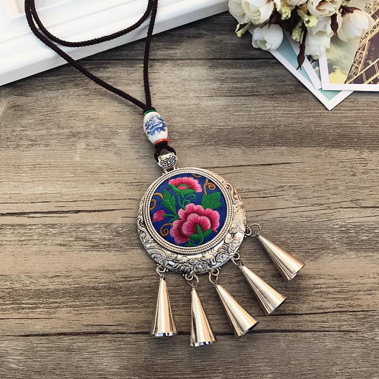 Retro Long Fashion Classical Embroidery Fringed Necklace Temperament Wind Chimes Pendant Miao Sweater Chain Accessories