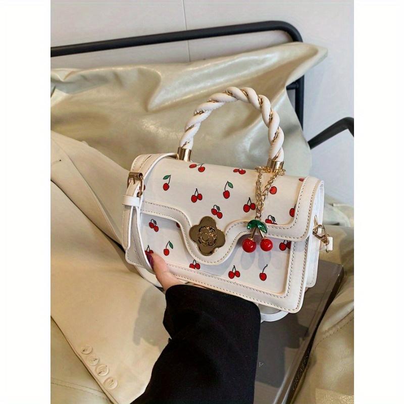 Fashionable High-End Pu Tote Bag With Versatile Square Shape And Cute Cherry Print, Perfect For Shopping, Dating Or Cross-Body For Girls