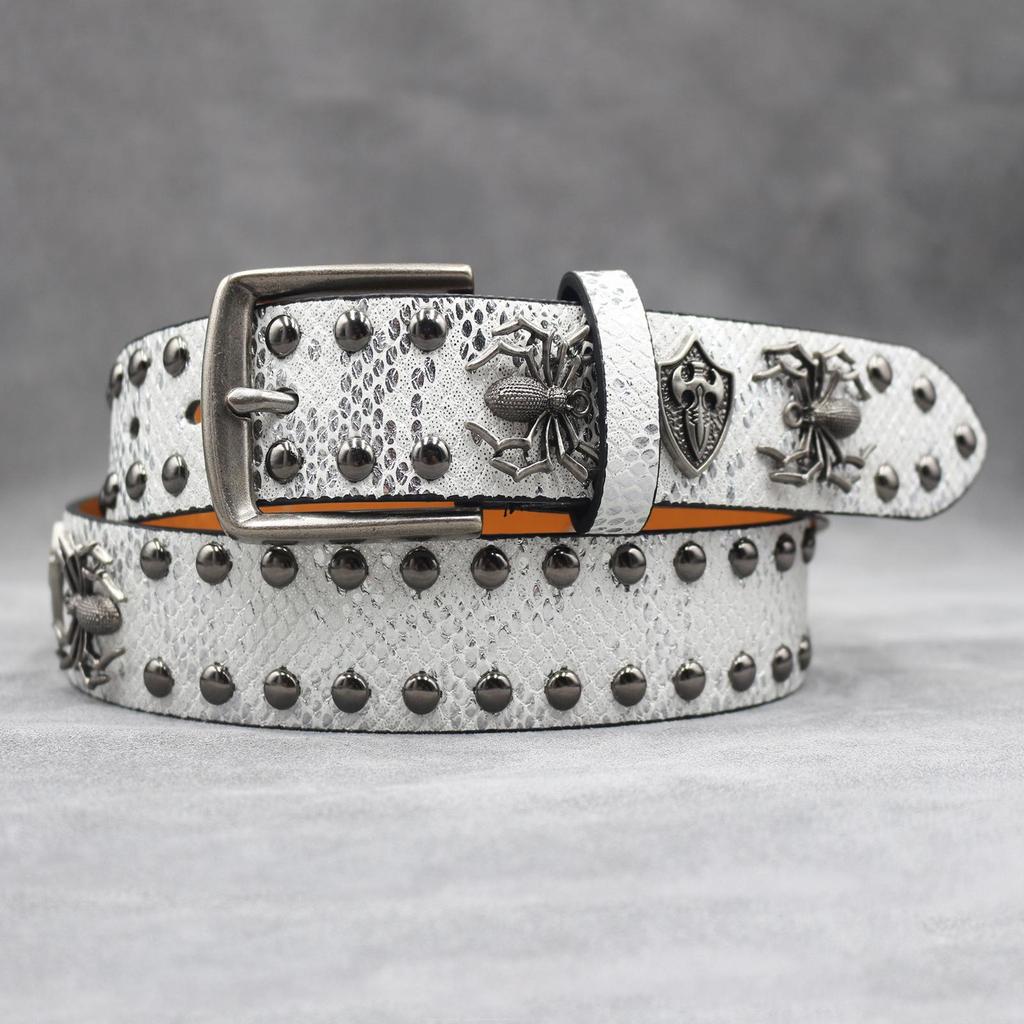 Unisex 7-Color 3D Spider Rivet Leather Belt with Snake Print