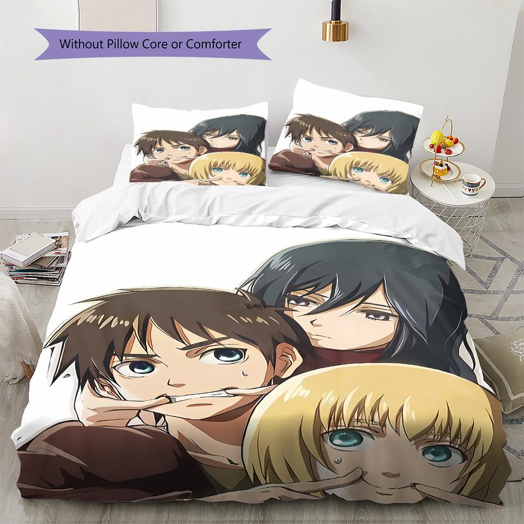 Pościel z motywem Attack on Titan, Zestaw kołdry Poszewka na kołdrę Poszewka na poduszkę Domowy prezent urodzinowy (1 * poszwa na kołdrę + 2 * poszewki na poduszki, bez rdzenia)