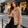 Soft Plush Outerwear Women Oversized Fleece Jacket, Warm Casual Hooded Coat with Solid Color Pockets, Long Sleeve Zip-Up Hoodie for Fall Winter