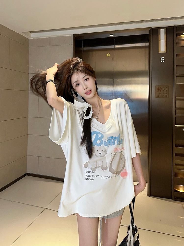 2025 Summer New Women's Influencer V-neck Loose Cartoon Print Short Sleeve T-shirt