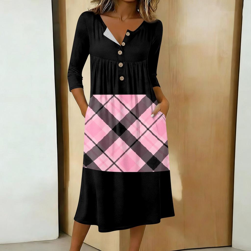 Women's Fashionable Color Printed Round Neck 3/4 Sleeve Button Collar Mid Length Casual Dress