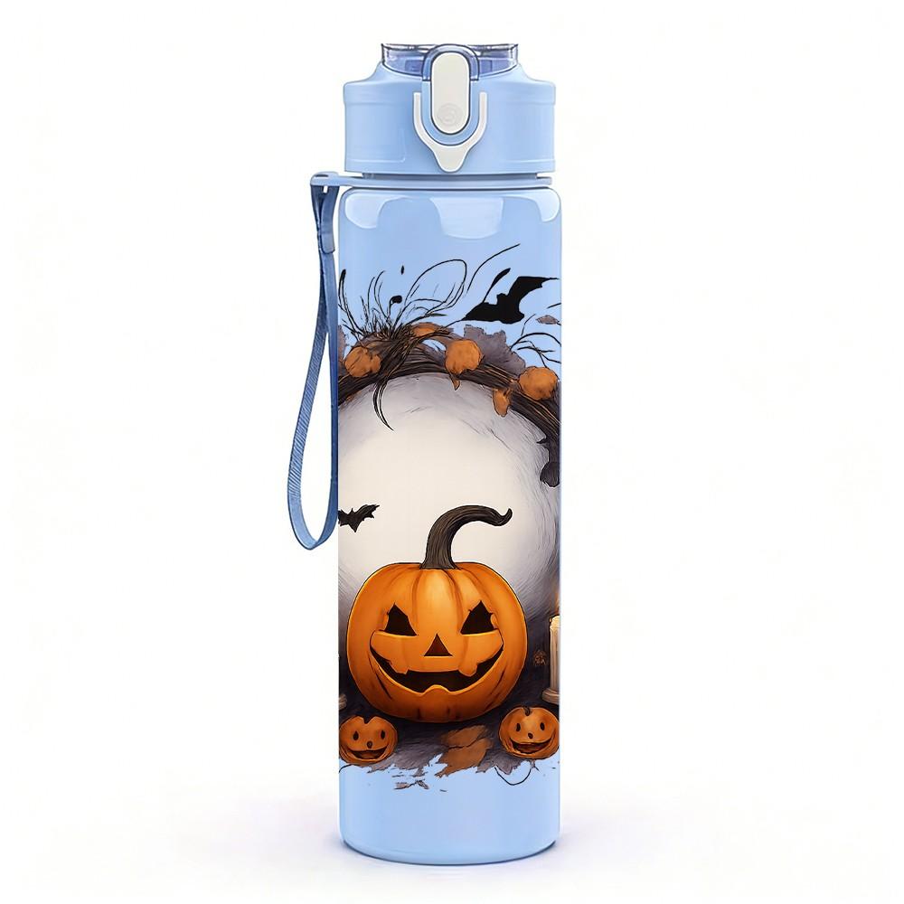 1PC Pumpkin Face Halloween Moon Print 750ml Color Plastic Sports Water Bottle Leakproof Flip Straw Lid Suitable for Sports Office Home Use
