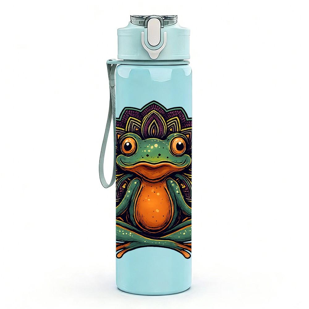 1 Stück Frosch auf Lotos-Kunstdruck 750ml Farbige Kunststoff-Sportwasserflasche Auslaufsicherer Klappdeckel mit Strohhalm Geeignet für Sport, Büro, Zuhause