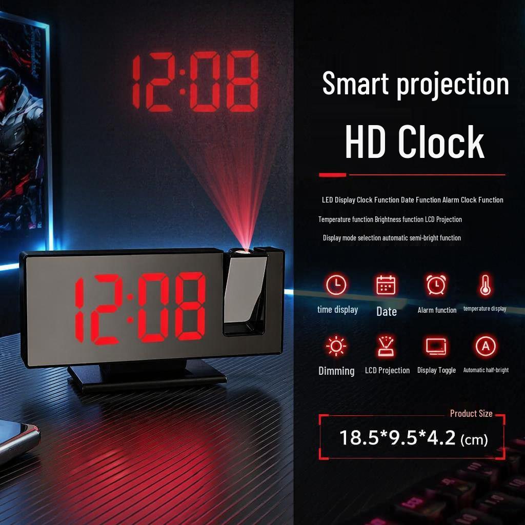 Rotating Projection Alarm Clock with Large Digital Display and Mirror Screen