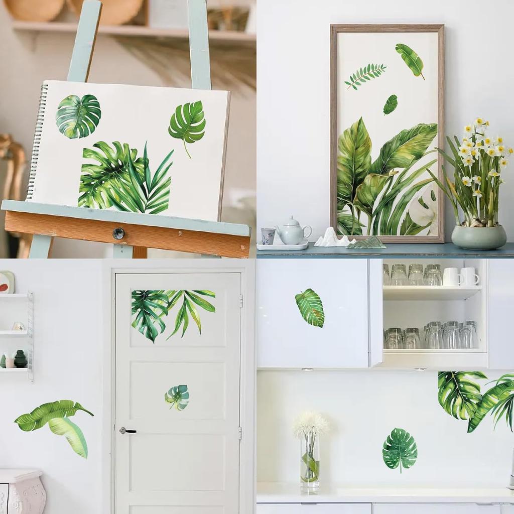 CRASPIRE Green Leaf Window Decal 8 Sheets Adhesive Jungle Leaves Window Stickers Removable Waterproof PVC Clings for Home Living Room Balcony Kitchen